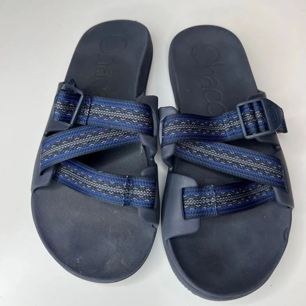 Chaco Men's Chillos slides feature blue and gray patterned adjustable straps and